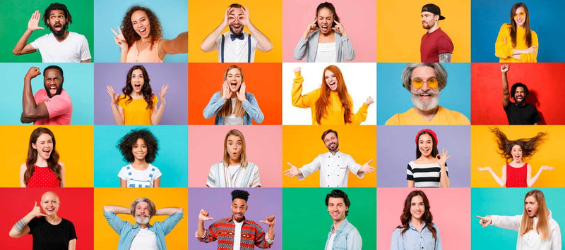 Collage of diverse people expressing joy and excitement with colorful backgrounds.